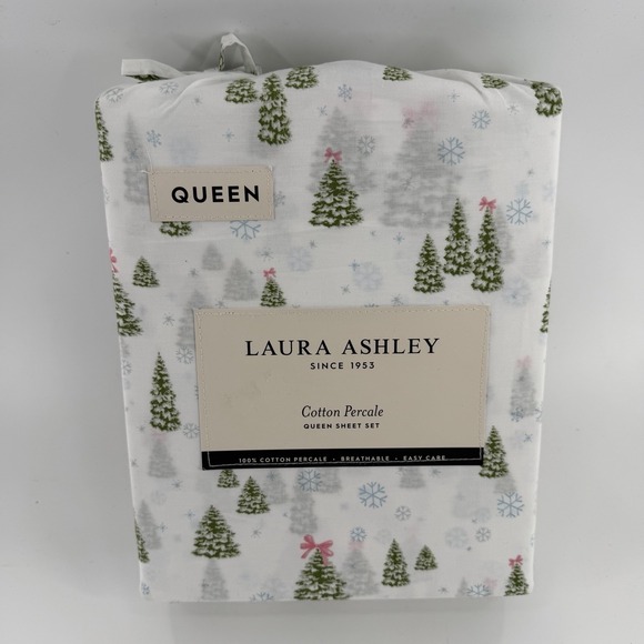 Laura Ashley Queen Percale Sheet Set 100% Cotton Winter Wonderland Green Trees